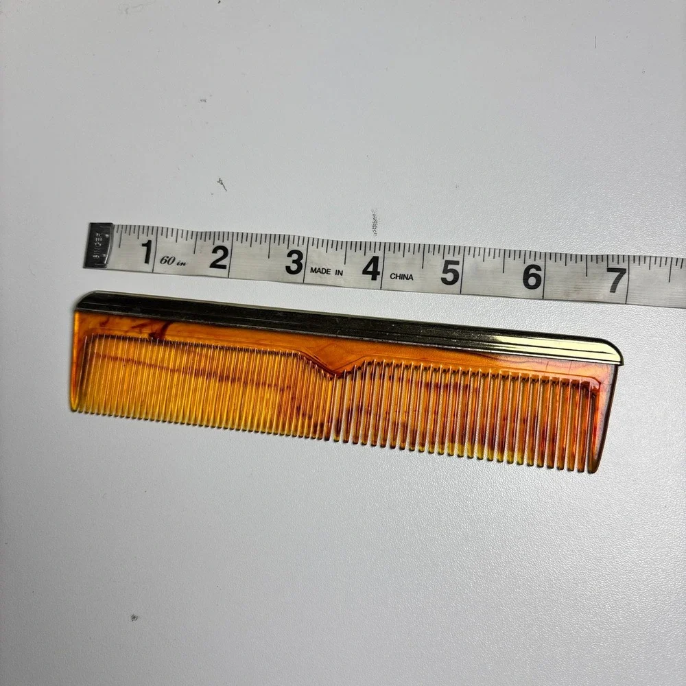 Vintage Faux Tortoise Shell Pocket Comb Gold Tone Metal Trim Amber Brown 5 Inch